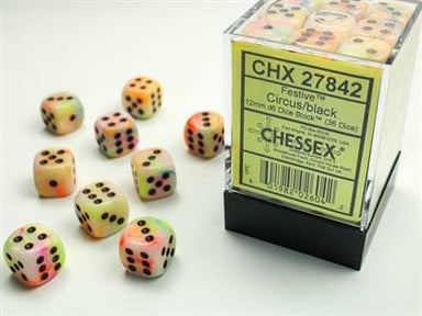 Festive Circus/black 12mm d6 Dice Block (36 dice) - Saltire Games
