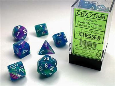 Festive Waterlily/white Polyhedral 7-Die Set - Saltire Games