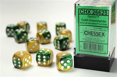 Gemini® 16mm D6 Gold-Green/white Dice Block™ (12 dice) - Saltire Games