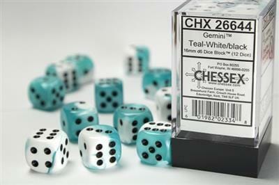 Gemini® 16mm D6 Teal-White/black Dice Block™ (12 dice) - Saltire Games