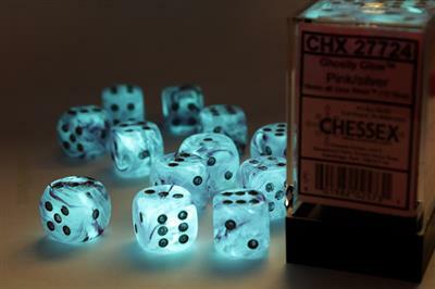 Ghostly Glow™ 16mm D6 Pink/silver Dice Block™ (12 dice) - Saltire Games