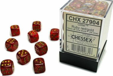 Glitter 12mm D6 Ruby/gold Dice Block™ (36 dice) - Saltire Games