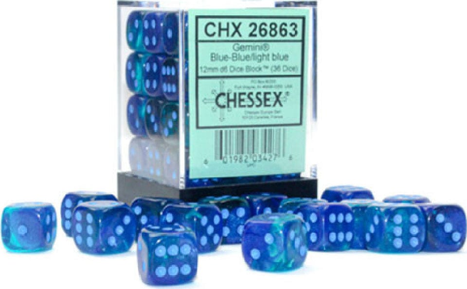 Gemini® 12mm D6 Blue-Blue/light blue Luminary™ Dice Block™ (36 dice) - Saltire Games