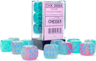 Gemini®16mm D6 Gel Green-Pink/blue Luminary™ Dice Block™ (12 dice) - Saltire Games