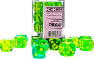 Gemini® 16mm D6 Translucent Green-Teal/yellow Dice Block™ (12 dice) - Saltire Games
