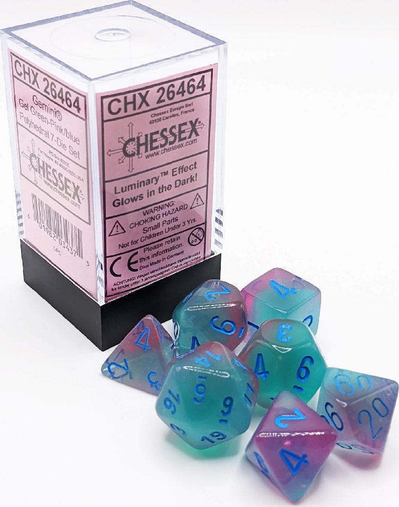 Gemini Gel Green-Pink/blue Luminary Polyhedral 7-Die Set - Saltire Games