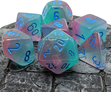 Gemini Gel Green-Pink/blue Luminary Polyhedral 7-Die Set - Saltire Games