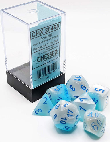 Gemini Pearl Turquoise-White/blue Luminary Polyhedral 7-Die Set - Saltire Games