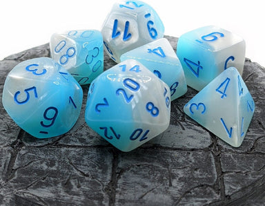 Gemini Pearl Turquoise-White/blue Luminary Polyhedral 7-Die Set - Saltire Games