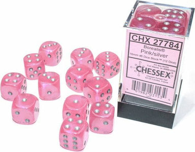 Borealis® 16mm D6 Pink/silver Luminary™ Dice Block™ (12 dice) - Saltire Games