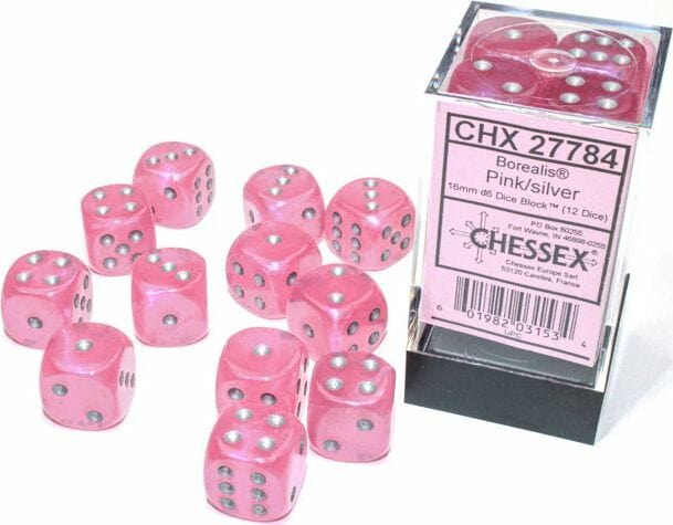 Borealis® 16mm D6 Pink/silver Luminary™ Dice Block™ (12 dice) - Saltire Games