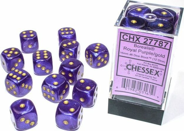 Borealis® 16mm D6 Royal Purple/gold Luminary™ Dice Block™ (12 dice) - Saltire Games