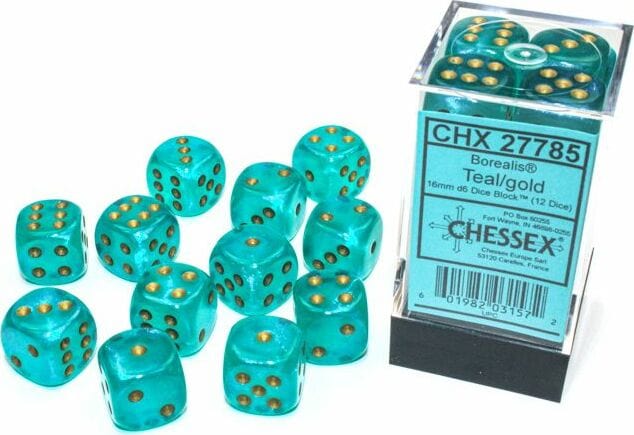 Borealis® 16mm D6 Teal/gold Luminary™ Dice Block™ (12 dice) - Saltire Games
