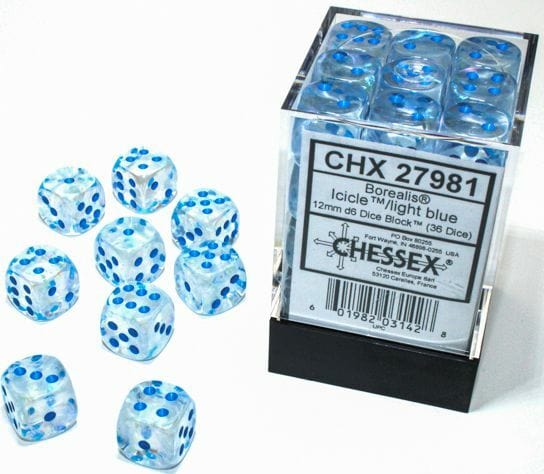 Borealis Icicle/light blue Luminary 12mm d6 Dice Block (36 dice) - Saltire Games