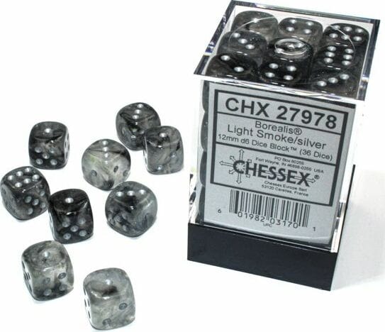 Borealis Light Smoke/silver Luminary 12mm d6 Dice Block (36 dice) - Saltire Games