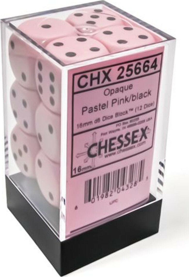 Chessex 16mm d6 Dice Set: Opaque - Pastel Pink/Black (12) - Saltire Games