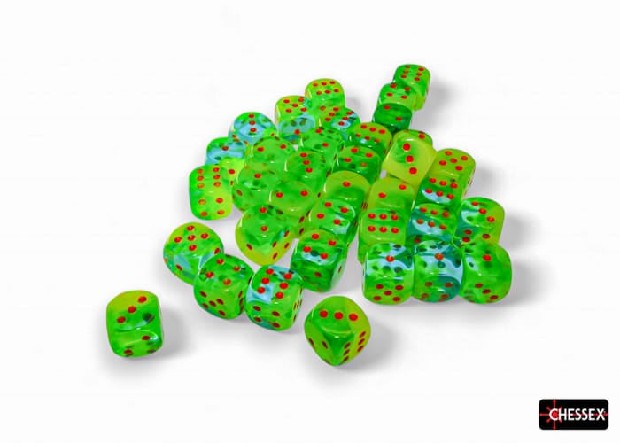 Gemini Plasma Green-Teal/orange Luminary 12mm d6 Dice Block (36 dice) - Saltire Games