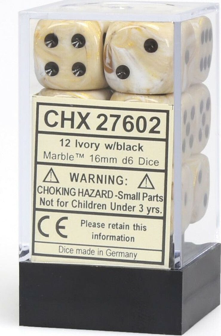 Marble 16mm D6 Ivory/black Dice Block™ (12 dice) - Saltire Games