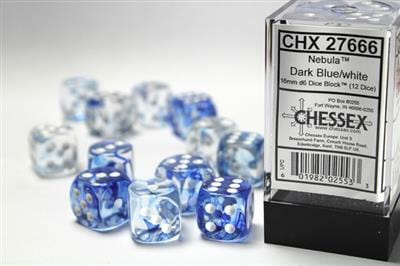 Nebula® 16mm D6 Dark Blue/white Dice Block™ (12 dice) - Saltire Games