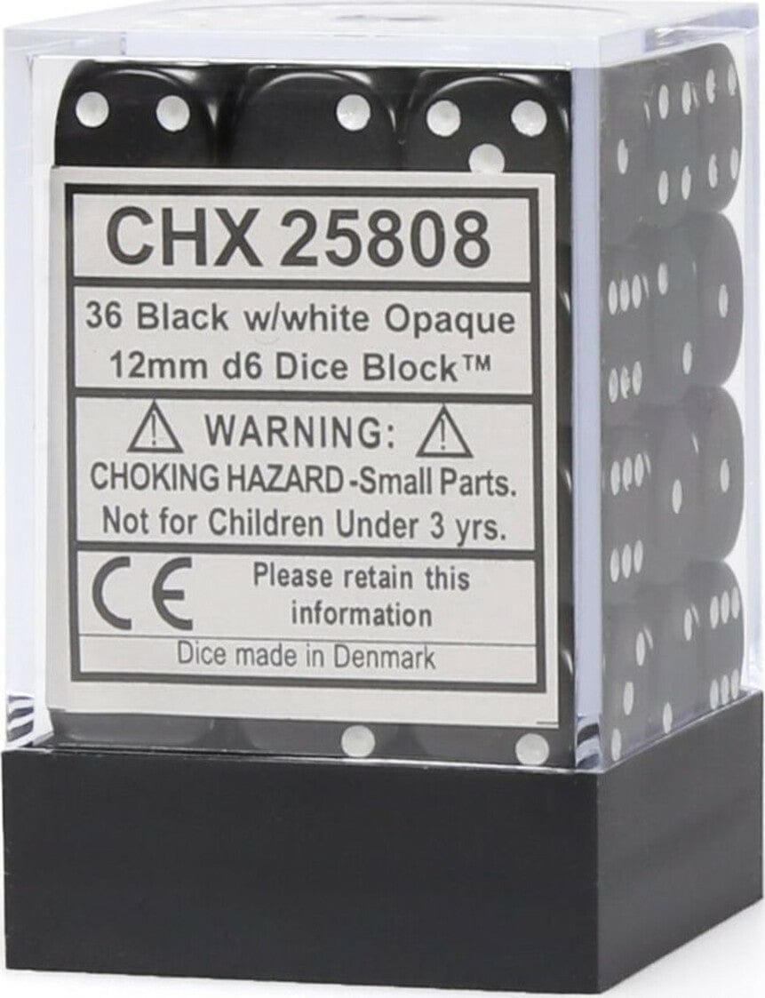 Opaque 12mm D6 Black/white Dice Block™ (36 dice) - Saltire Games