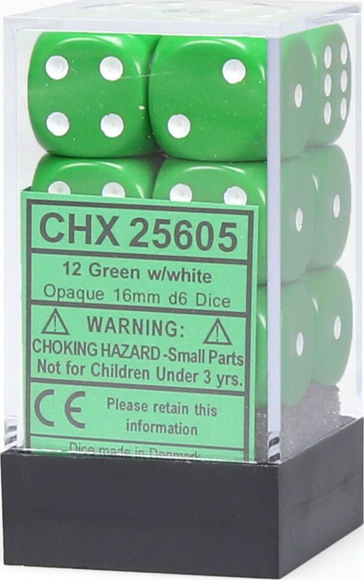 Opaque 16mm D6 Green/white Dice Block™ (12 dice) - Saltire Games