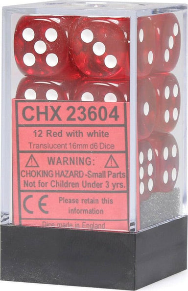 Translucent 16mm D6 Red/white Dice Block™ (12 dice) - Saltire Games