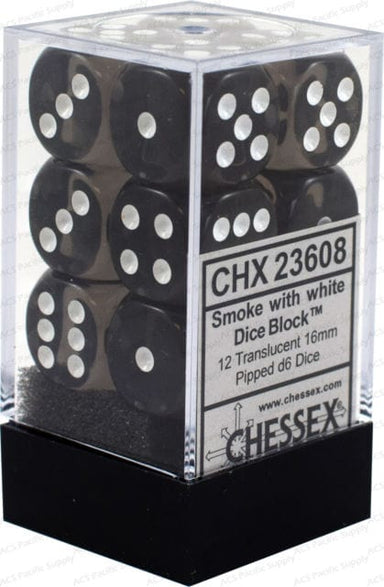 Translucent 16mm D6 Smoke/white Dice Block™ (12 dice) - Saltire Games