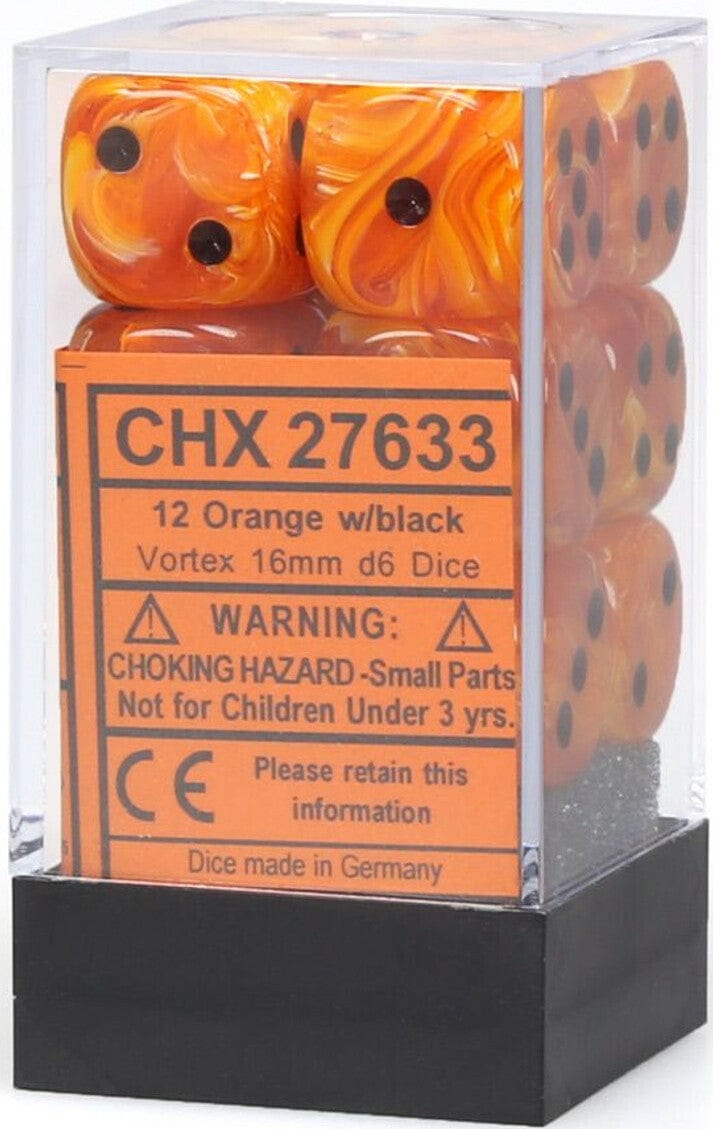 Vortex® 16mm D6 Orange/black Dice Block™ (12 dice) - Saltire Games