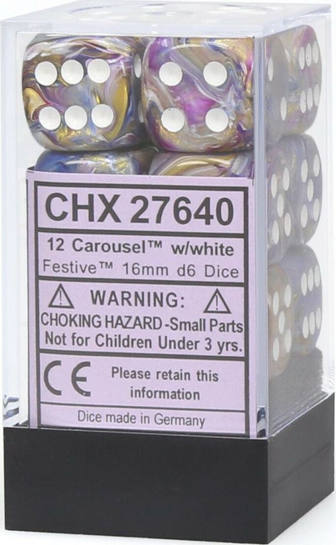Festive® 16mm D6 Carousel™/white Dice Block™ (12 dice) - Saltire Games