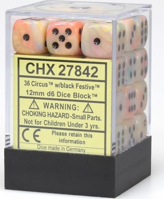 Festive Circus/black 12mm d6 Dice Block (36 dice) - Saltire Games