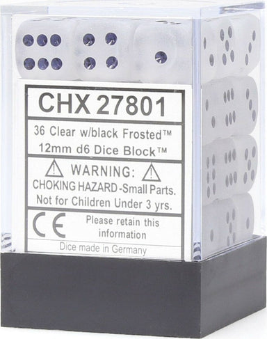 Frosted™ 12mm D6 Clear/black Dice Block™ (36 dice) - Saltire Games