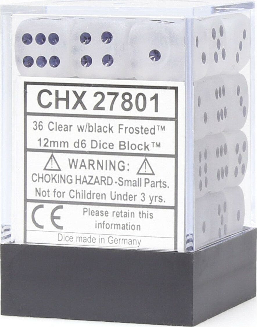Frosted™ 12mm D6 Clear/black Dice Block™ (36 dice) - Saltire Games