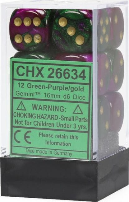 Gemini® 16mm D6 Green-Purple/gold Dice Block™ (12 dice) - Saltire Games