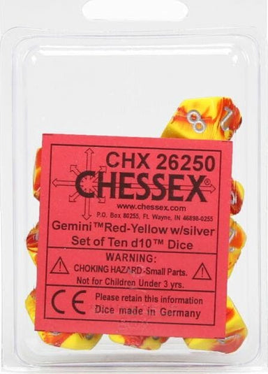 Gemini Red Yellow Silver d10 set - Saltire Games