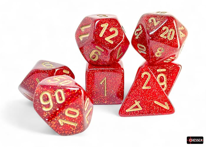 Glitter Mega-hedral Ruby/gold 7-Die Set - Saltire Games