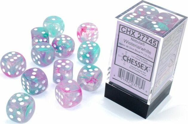 Nebula® 16mm D6 Wisteria/white Luminary™ Dice Block™ (12 dice) - Saltire Games