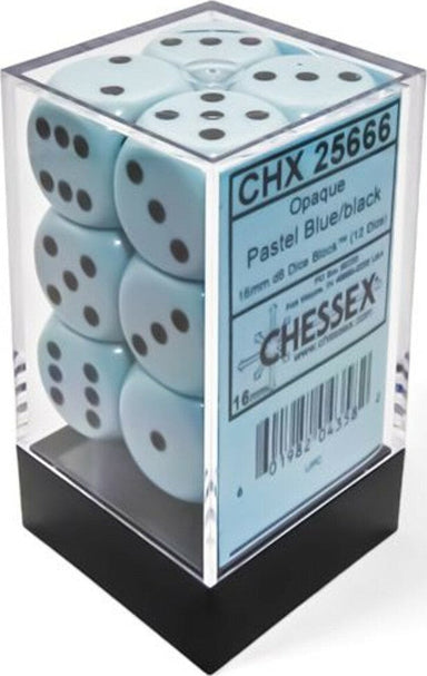 Opaque Pastel Blue/black 16mm d6 Dice Block (12 dice) - Saltire Games
