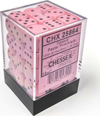 Opaque Pastel Pink/black 12mm d6 Dice Block (36 dice) - Saltire Games