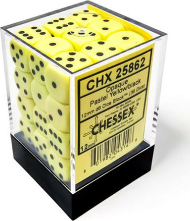 Opaque Pastel Yellow/black 12mm d6 Dice Block (36 dice) - Saltire Games