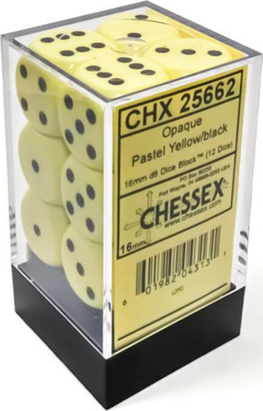 Opaque Pastel Yellow/black 16mm d6 Dice Block (12 dice) - Saltire Games