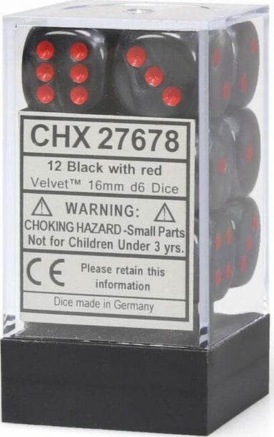 Velvet® 16mm D6 Black/red Dice Block™ (12 dice) - Saltire Games