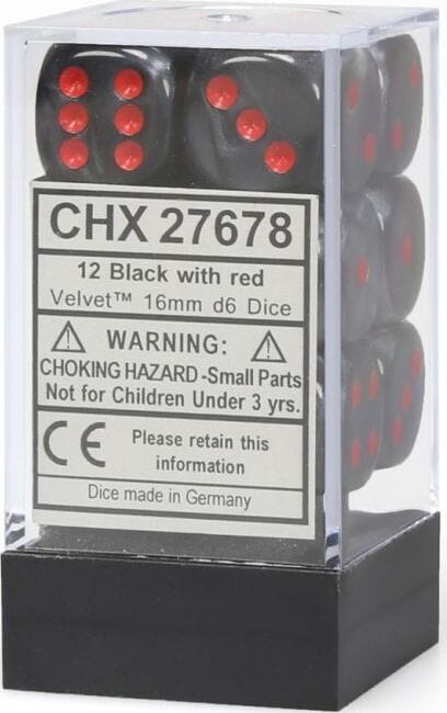 Velvet® 16mm D6 Black/red Dice Block™ (12 dice) - Saltire Games