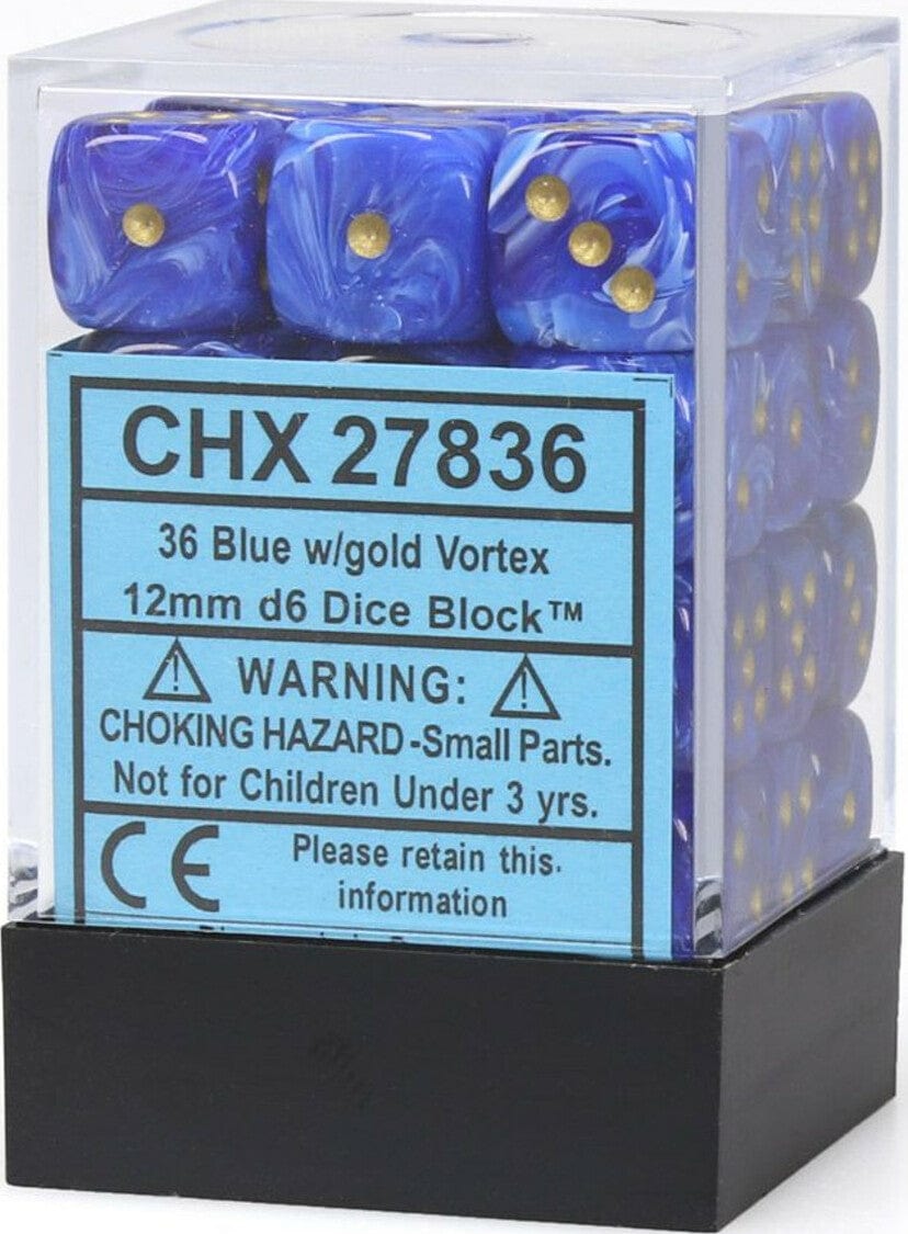 Vortex® 12mm D6 Blue/gold Dice Block™ (36 dice) - Saltire Games