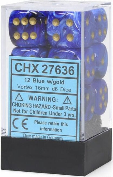 Vortex® 16mm D6 Blue/gold Dice Block™ (12 dice) - Saltire Games