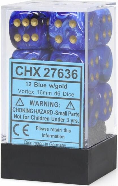 Vortex® 16mm D6 Blue/gold Dice Block™ (12 dice) - Saltire Games