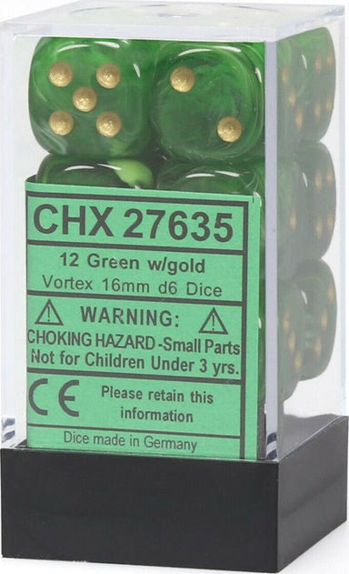 Vortex® 16mm D6 Green/gold Dice Block™ (12 dice) - Saltire Games