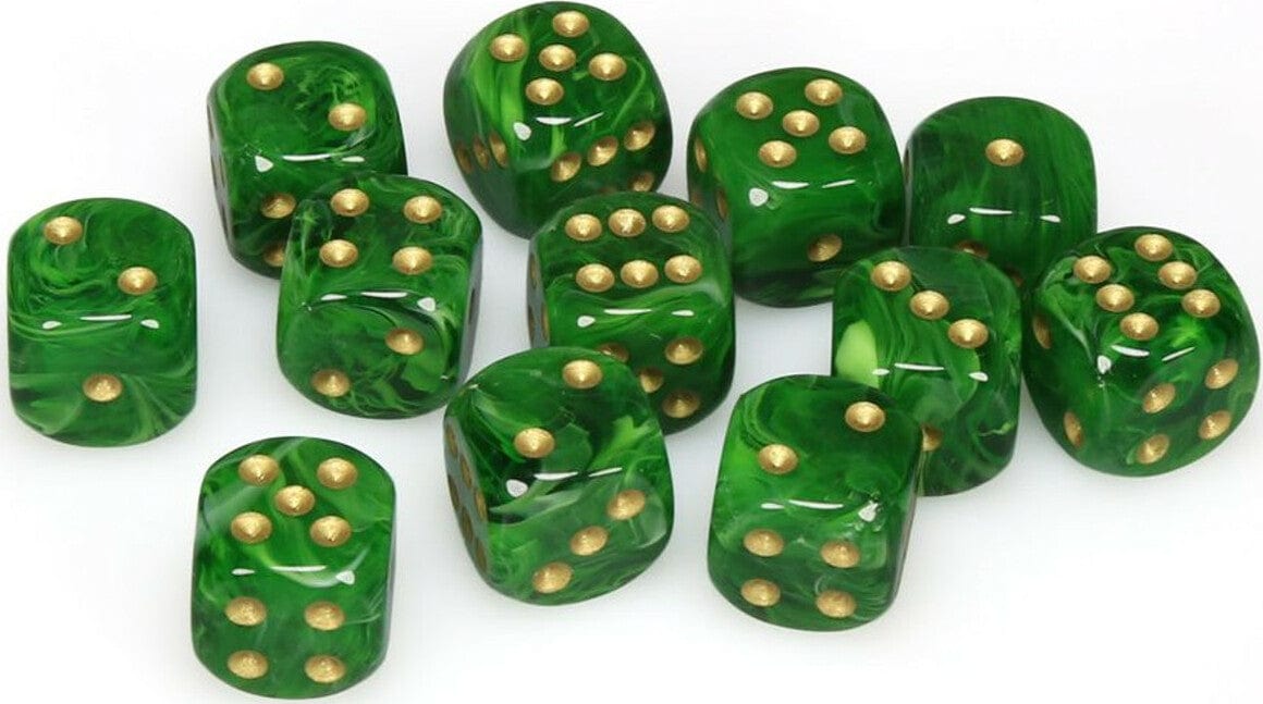 Vortex® 16mm D6 Green/gold Dice Block™ (12 dice) - Saltire Games