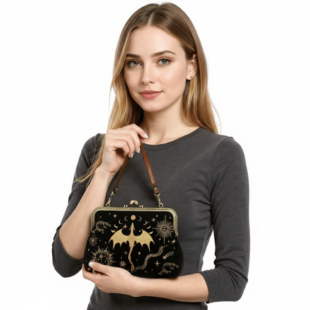 Celestial Dragon Kiss lock bag in linen cotton blend - Saltire Games