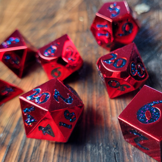 Forged Lore Polished Red with Starry Mica 7-Piece Metal Dice Set - Saltire Games