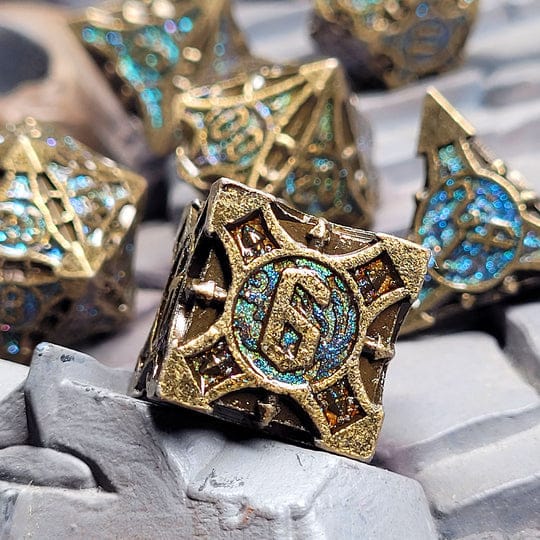 Dice - Metal Forged Gaming Arcane Enigma Ancient Bronze Blue Metal RPG Dice Set